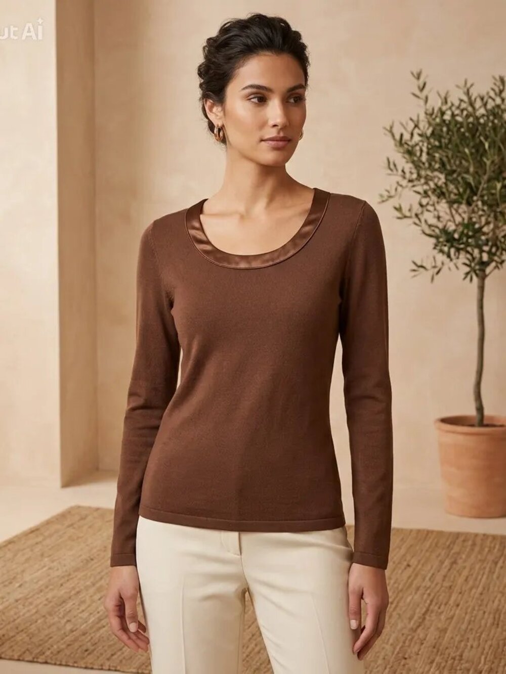 Adrienne Vittadini Brown Scoop Neck Long Sleeve Satin Trim Top